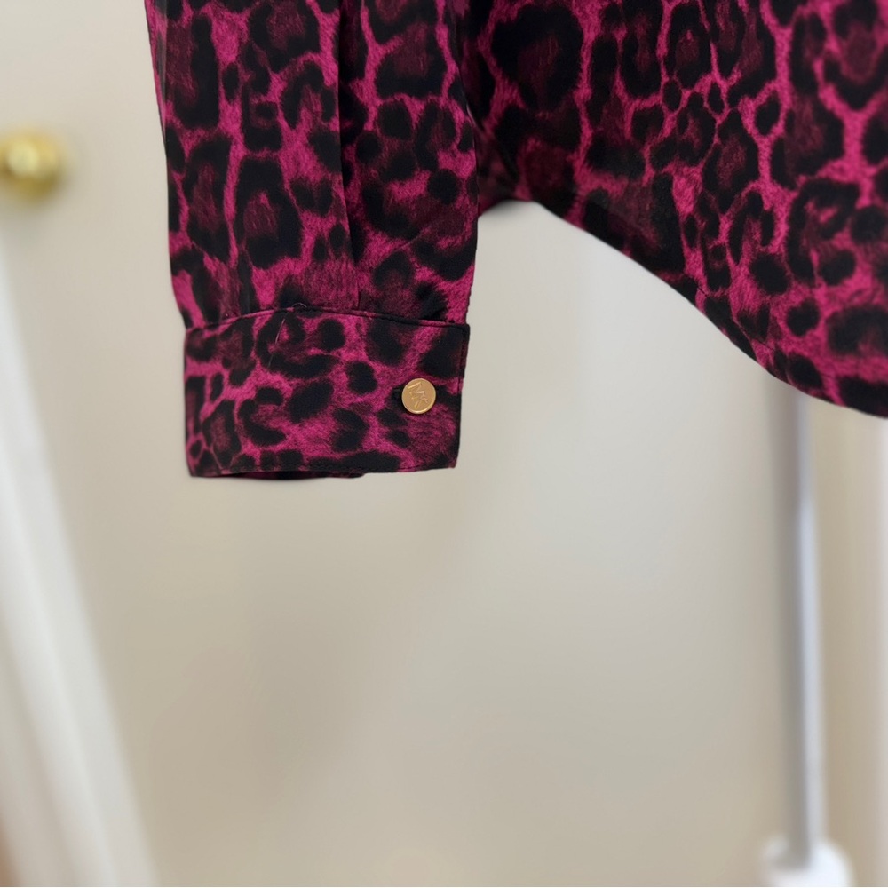 Michael Kors Women Top Shirt Magenta Black Leopard/Animal Print Button Up Size L - Picture 5 of 8